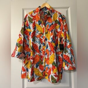 NWT John Mark Women XL Embroidered Button Front Roll Tab Sleeve Colorful Tunic74